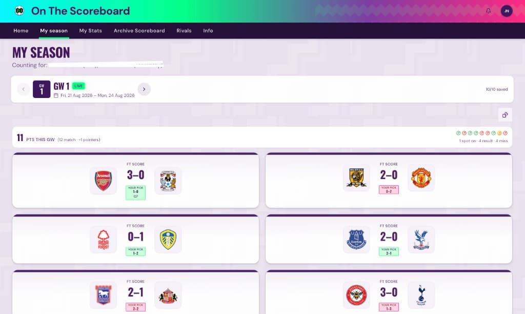 My Season match predictions with scores and picks